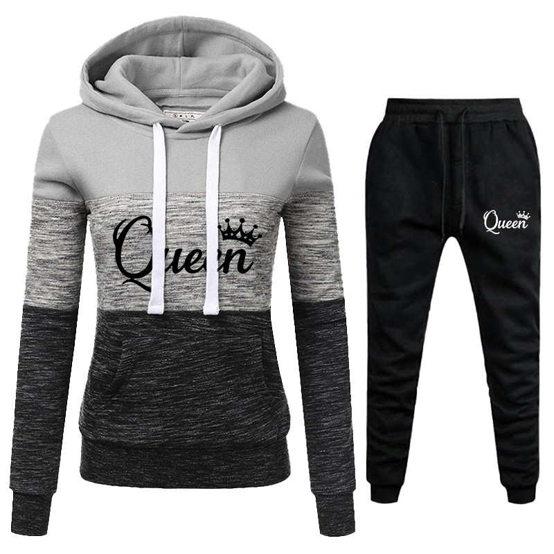 Uued trendikad naiste kolmevärvilised triibulised kapuutsikomplektid vabaaja pikkade varrukatega kapuutsidega + dressipüksid dressiülikonnad