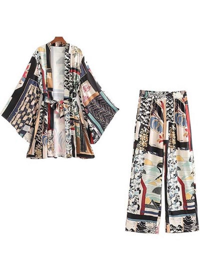 Klkxmyt Woman 2 Pieces komplektid Kimono särgid + pükste ülikond 2023 Uus mood trükitud pikkade varrukatega pluus Naiste püksid vabaaja komplekt