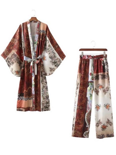 Klkxmyt Woman 2 Pieces komplektid Kimono särgid + pükste ülikond 2023 Uus mood trükitud pikkade varrukatega pluus Naiste püksid vabaaja komplekt