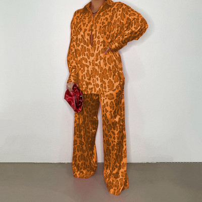 CM.YAYA Set de pijamale cu dungi leopard pentru femei cu design cu guler răsturnat Lenjerie de noapte de lux Set 2 2 piese Ținute Haine pentru casă