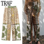 Παντελόνι TRAF Patchwork Print για Γυναικεία Μεσόμεσα φαρδιά Παντελόνια Γυναικεία Vintage Casual καλοκαιρινά παντελόνια Streetwear Γυναικεία παντελόνια