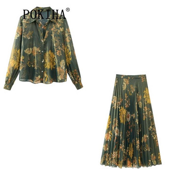 Pokiha Fashion Women Νέα κομψά φλοράλ στάμπες Μακρυμάνικα πουκάμισα τοπ και πλισέ μίντι φούστες Κομψά γυναικεία σετ δύο τεμαχίων Mujer