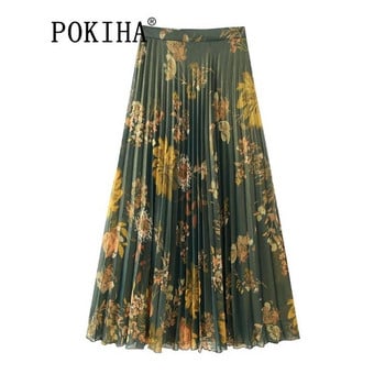 Pokiha Fashion Women Νέα κομψά φλοράλ στάμπες Μακρυμάνικα πουκάμισα τοπ και πλισέ μίντι φούστες Κομψά γυναικεία σετ δύο τεμαχίων Mujer