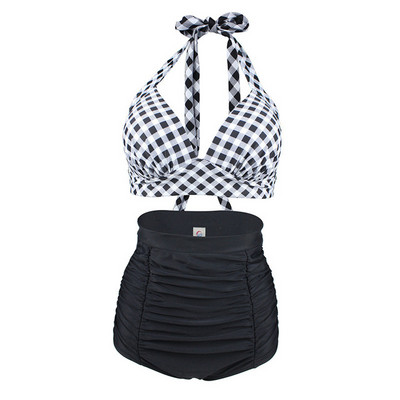 Γυναικείο μπικίνι Halter Top Σετ Ψηλόμεσο Push Up Καρό Vintage σέξι μαγιό παραλίας Ρετρό XXL XXXL