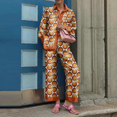 Proljeće jesen Vintage Hlače Odjevni predmeti Elegantna ovratnica s ovratnikom Ženski ležerni odgovarajući set 2022 Ženski široki dvodijelni set s printom