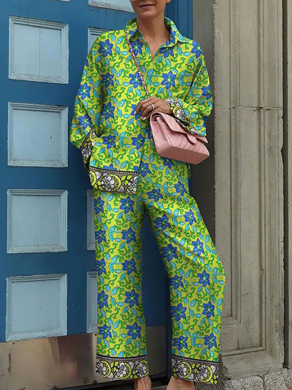 Proljeće jesen Vintage Hlače Odjevni predmeti Elegantna ovratnica s ovratnikom Ženski ležerni odgovarajući set 2022 Ženski široki dvodijelni set s printom