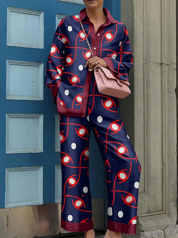 Proljeće jesen Vintage Hlače Odjevni predmeti Elegantna ovratnica s ovratnikom Ženski ležerni odgovarajući set 2022 Ženski široki dvodijelni set s printom