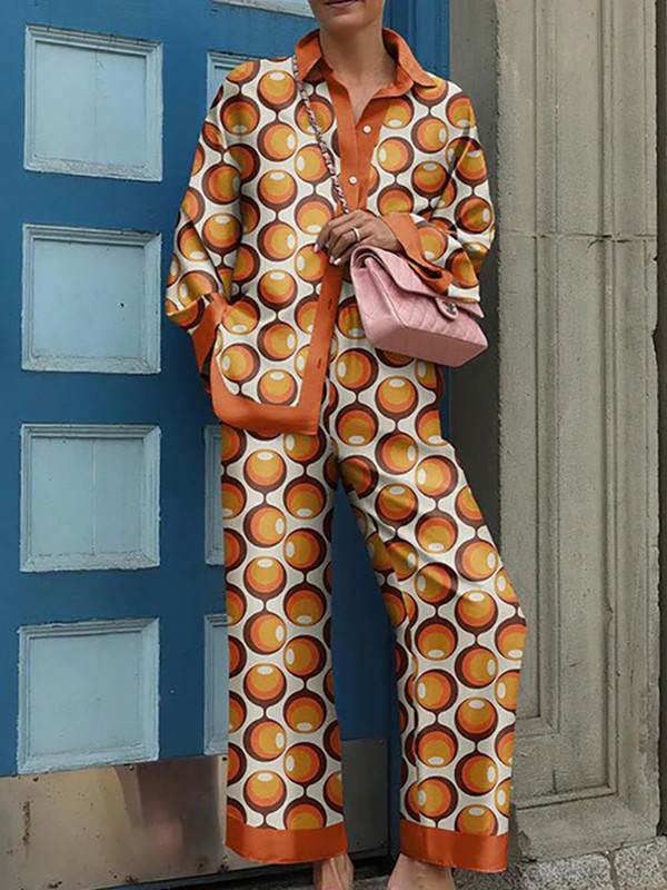 Proljeće jesen Vintage Hlače Odjevni predmeti Elegantna ovratnica s ovratnikom Ženski ležerni odgovarajući set 2022 Ženski široki dvodijelni set s printom
