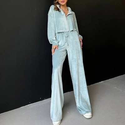 Stand krae jakid pikad püksid naiste komplekt Femme Streetwear taskupüksid kaheosaline komplekt sügistalv Pleuche püksid vabaaja ülikond