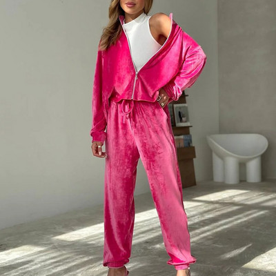 Stand krae jakid pikad püksid naiste komplekt Femme Streetwear taskupüksid kaheosaline komplekt sügistalv Pleuche püksid vabaaja ülikond