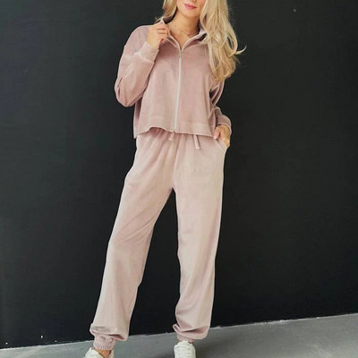 Stand krae jakid pikad püksid naiste komplekt Femme Streetwear taskupüksid kaheosaline komplekt sügistalv Pleuche püksid vabaaja ülikond