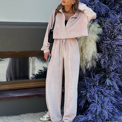 Stand krae jakid pikad püksid naiste komplekt Femme Streetwear taskupüksid kaheosaline komplekt sügistalv Pleuche püksid vabaaja ülikond