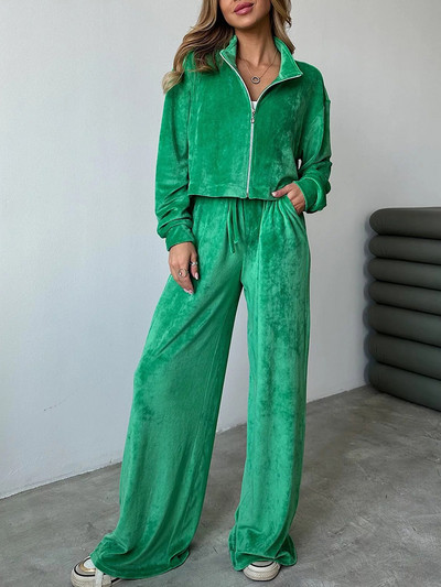 Stand Collar Striukės Ilgos kelnės Moteriškas rinkinys Streetwear Kišeninės kelnės Dviejų dalių rinkinys Rudens žiemos Pleuche kelnės laisvalaikio kostiumas