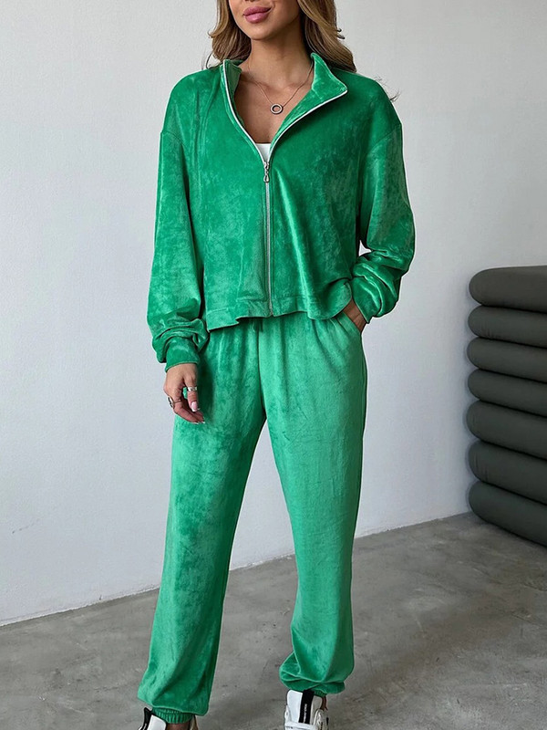 Stand krae jakid pikad püksid naiste komplekt Femme Streetwear taskupüksid kaheosaline komplekt sügistalv Pleuche püksid vabaaja ülikond