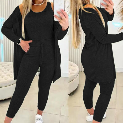 Set de pantaloni subțiri pentru femei, set din trei piese, ținute ocazionale, toamnă iarnă, îmbrăcăminte pentru acasă, set de pantaloni pentru femei, haină solidă și costum asortat cu pantaloni