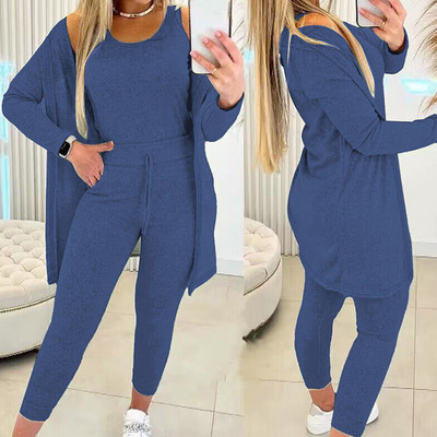 Set de pantaloni subțiri pentru femei, set din trei piese, ținute ocazionale, toamnă iarnă, îmbrăcăminte pentru acasă, set de pantaloni pentru femei, haină solidă și costum asortat cu pantaloni