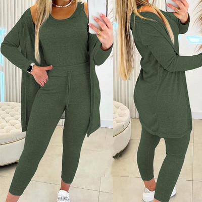 Set de pantaloni subțiri pentru femei, set din trei piese, ținute ocazionale, toamnă iarnă, îmbrăcăminte pentru acasă, set de pantaloni pentru femei, haină solidă și costum asortat cu pantaloni