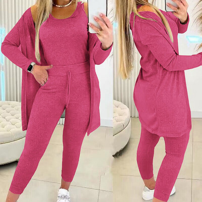 Set de pantaloni subțiri pentru femei, set din trei piese, ținute ocazionale, toamnă iarnă, îmbrăcăminte pentru acasă, set de pantaloni pentru femei, haină solidă și costum asortat cu pantaloni