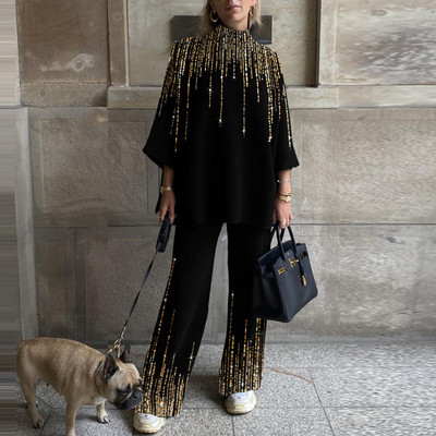 Ανοιξιάτικο Casual Γυναικείο Χαλαρό Σετ Δύο Τεμάχια Εκτύπωση Μακρύ Παντελόνι Φόρμα ασορτί Κοστούμι Παντελόνι Φαρδύ Γυναικείο Κοστούμι Παντελόνι Νέο