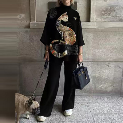 Ανοιξιάτικο Casual Γυναικείο Χαλαρό Σετ Δύο Τεμάχια Εκτύπωση Μακρύ Παντελόνι Φόρμα ασορτί Κοστούμι Παντελόνι Φαρδύ Γυναικείο Κοστούμι Παντελόνι Νέο