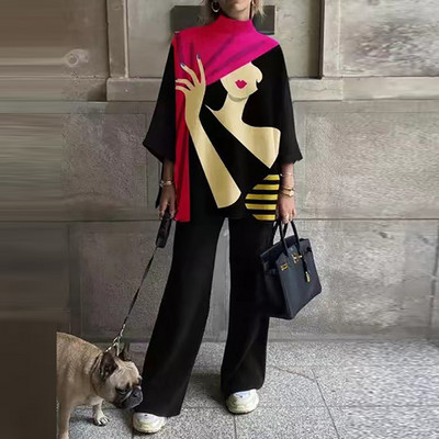 Ανοιξιάτικο Casual Γυναικείο Χαλαρό Σετ Δύο Τεμάχια Εκτύπωση Μακρύ Παντελόνι Φόρμα ασορτί Κοστούμι Παντελόνι Φαρδύ Γυναικείο Κοστούμι Παντελόνι Νέο