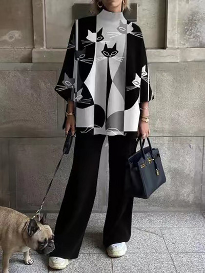 Ανοιξιάτικο Casual Γυναικείο Χαλαρό Σετ Δύο Τεμάχια Εκτύπωση Μακρύ Παντελόνι Φόρμα ασορτί Κοστούμι Παντελόνι Φαρδύ Γυναικείο Κοστούμι Παντελόνι Νέο