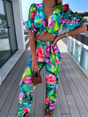 Topy s výstrihom do V a potlačené nohavice, bohémske outfity, letné elegantné dámske sviatočné dvojdielne outfity, úzky strih, dlhé nohavice, dámsky oblek