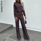 Waytobele Γυναικείο σετ δύο τεμαχίων Φθινοπωρινό Γραφείο Απλό Μασίφ Πουλόβερ Μακρυμάνικο Μπλουζάκι Φαρδιά Φαρδιά Πόδια με Τσέπες Σετ παντελονιών