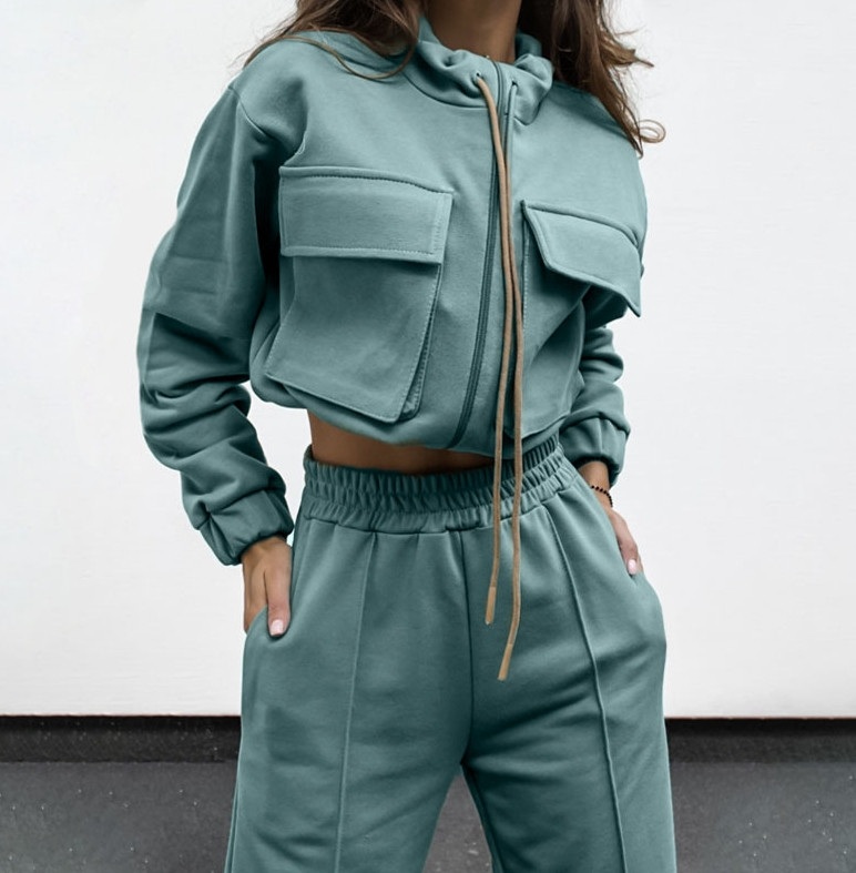 Kaheosaline naiste komplekt, 2023. aasta kevadmoodne soliidne tõmblukk, kahe taskuga pingutusnööriga pikkade varrukatega ülaosa ja vabaaja taskupükste komplekt