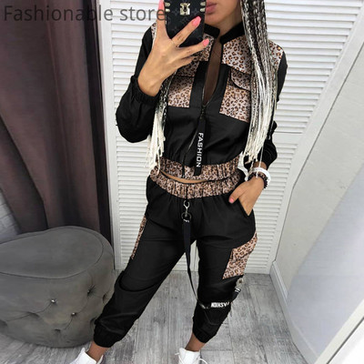 Majice s patentnim zatvaračem dugih rukava s leopard printom i hlače visokog struka Ulična trenirka Ležerna ženska komplet 2 komada