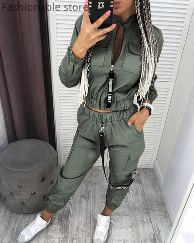 Majice s patentnim zatvaračem dugih rukava s leopard printom i hlače visokog struka Ulična trenirka Ležerna ženska komplet 2 komada