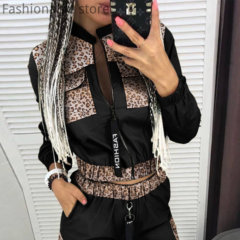 Majice s patentnim zatvaračem dugih rukava s leopard printom i hlače visokog struka Ulična trenirka Ležerna ženska komplet 2 komada