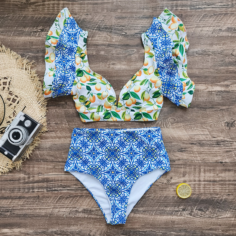 2023 Μαγιό V λαιμόκοψη μπικίνι Γυναικείο μαγιό Flower print βολάν Μαγιό Μαγιό Beachwear Bandeau Biquini
