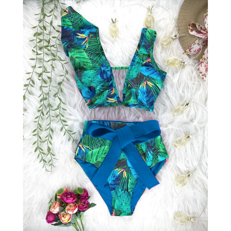 2023 Nové dámske bikiny s vysokým pásom, plavky s push-up efektom, dámske plavky, bikiny s volánikmi, letné plážové oblečenie