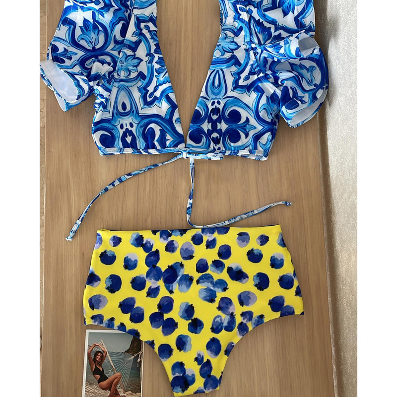 2023 New Print Bikiinid Ruffle Deep-V ujumisriided kõrge vöökohaga naiste ujumistrikoo suvine biquini rannariided supelkostüüm Monkini naistele