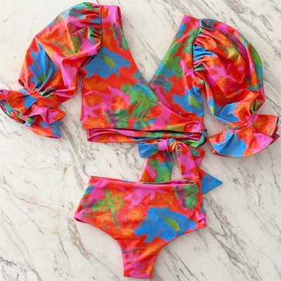 2023. aasta uus volangidega bikiinid naiste ujumistrikoo kõrge vöökohaga bikiinid varrukatega ujumisriided Seksikas ujumiskostüüm rannariided Prindi Biquini Naiste Beach