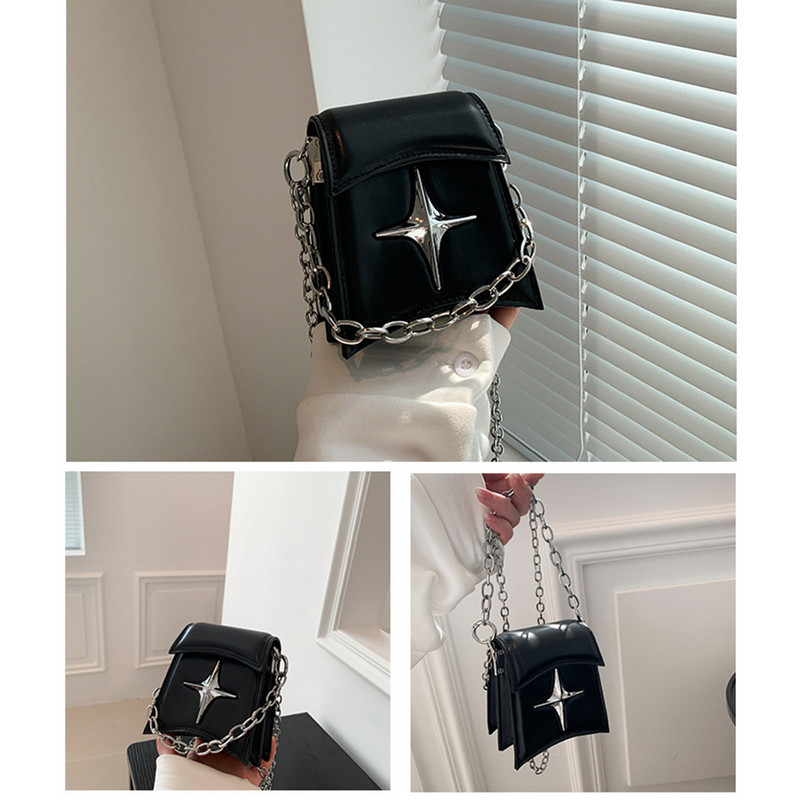 Vintage korejska mala torba s lancem na rame s preklopom, torbica s kvačilom, ručne torbice, ružičasta pu kožna gotička križna zvijezda, ženske torbe preko tijela za djevojke