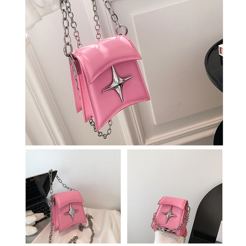 Vintage korejska mala torba s lancem na rame s preklopom, torbica s kvačilom, ručne torbice, ružičasta pu kožna gotička križna zvijezda, ženske torbe preko tijela za djevojke