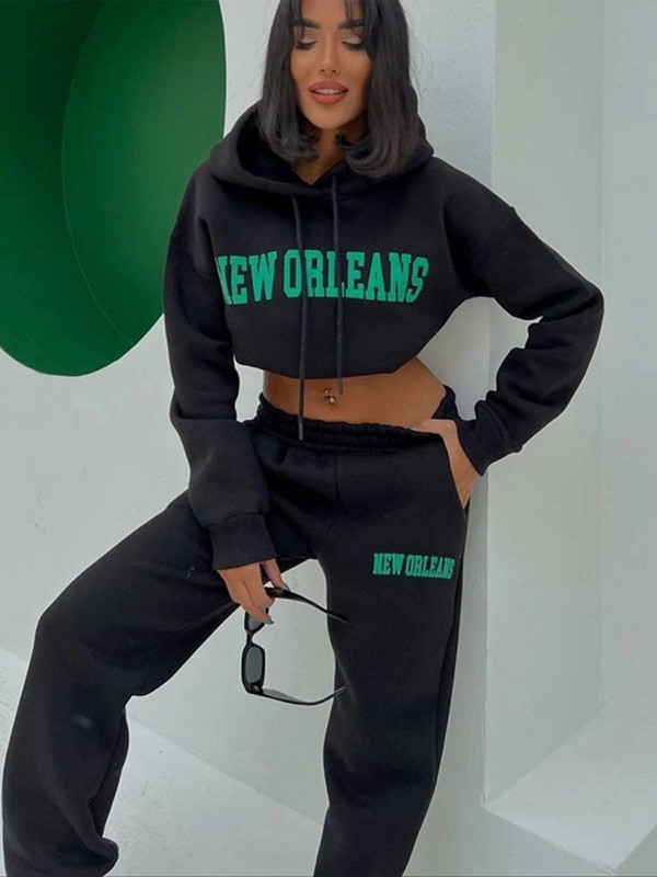 Trening cu glugă cu imprimeu litere pentru femei Set 2 bucăți Sport pentru femei Pulover Hanorace Pantaloni Costum Lady Streetwear Seturi de pantaloni