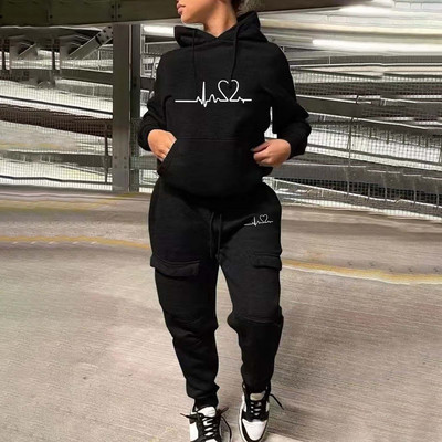 Σετ φόρμας Γυναικεία φλις μπλούζες Heartprint Πουλόβερ Φούτερ Παντελόνια Σετ δύο τεμαχίων ασορτί Κοστούμια Μπλουζάκια Φούτερ