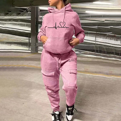 Σετ φόρμας Γυναικεία φλις μπλούζες Heartprint Πουλόβερ Φούτερ Παντελόνια Σετ δύο τεμαχίων ασορτί Κοστούμια Μπλουζάκια Φούτερ