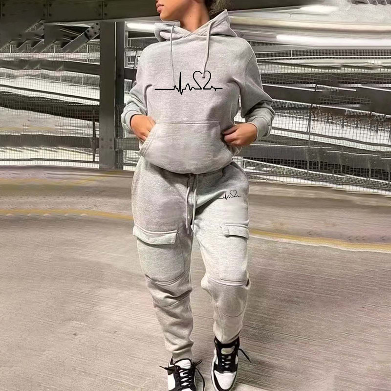 Σετ φόρμας Γυναικεία φλις μπλούζες Heartprint Πουλόβερ Φούτερ Παντελόνια Σετ δύο τεμαχίων ασορτί Κοστούμια Μπλουζάκια Φούτερ