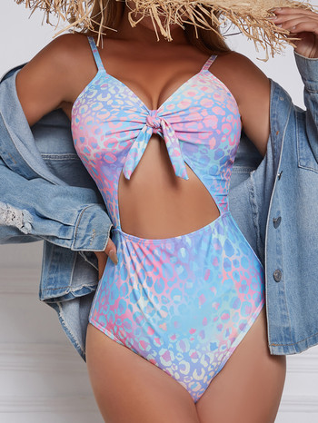 Sexy Tie Dye Leopard Print One Piece Swimsuit Woman 2023 Μπροστινή γραβάτα Cut Out Tummy Control Μαγιό Μπικίνι εξώπλατης