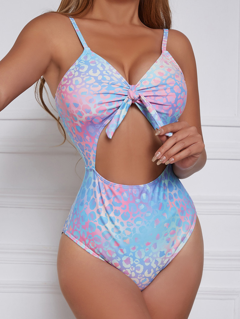 Sexy Tie Dye Leopard Print One Piece Swimsuit Woman 2023 Μπροστινή γραβάτα Cut Out Tummy Control Μαγιό Μπικίνι εξώπλατης