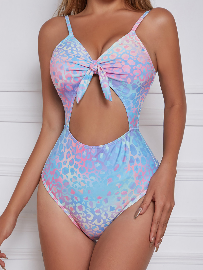 Sexy Tie Dye Leopard Print One Piece Swimsuit Woman 2023 Μπροστινή γραβάτα Cut Out Tummy Control Μαγιό Μπικίνι εξώπλατης
