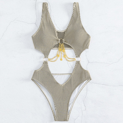 Sexy jednodielne plavky pre ženy, jednodielne khaki kovové dizajnérske vystrihnuté plavky 2023 nové plavky thong monokini plážové oblečenie