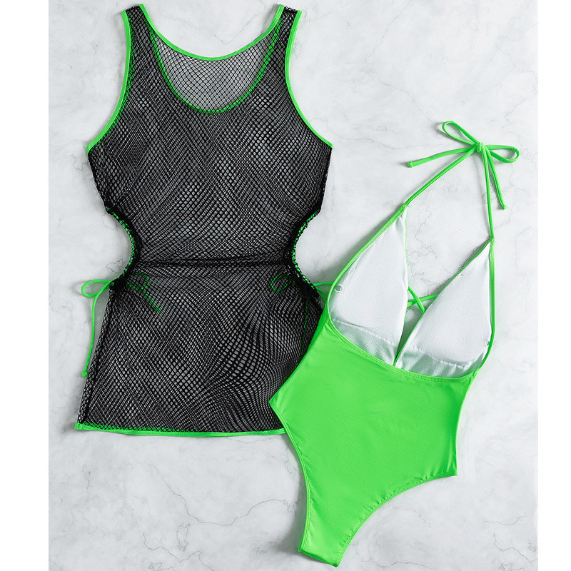 Costum de baie sexy verde cu decolteu în V adânc, dintr-o bucată, pentru femei, cu plasă neagră scobită, costum de baie pentru plajă de vară, monokini 2023
