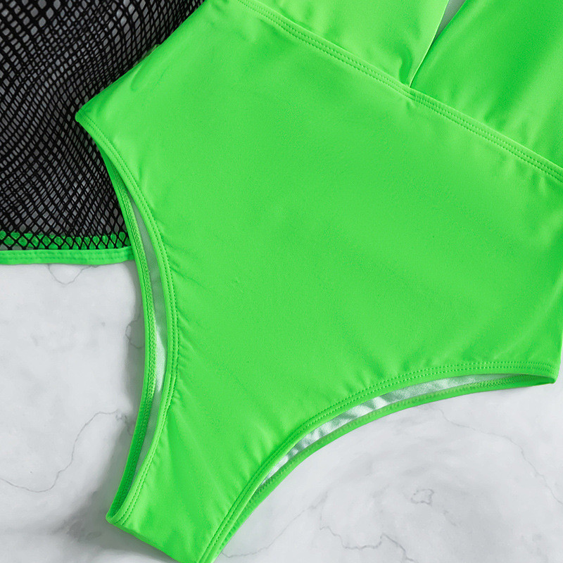 Costum de baie sexy verde cu decolteu în V adânc, dintr-o bucată, pentru femei, cu plasă neagră scobită, costum de baie pentru plajă de vară, monokini 2023