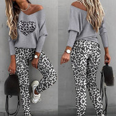 LKF Νέο γυναικείο casual σετ Leopard Print Off Shoulder Μακρυμάνικο T-shirt Top Slim Fit Παντελόνι δύο τεμαχίων