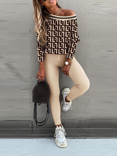 LKF Νέο γυναικείο casual σετ Leopard Print Off Shoulder Μακρυμάνικο T-shirt Top Slim Fit Παντελόνι δύο τεμαχίων